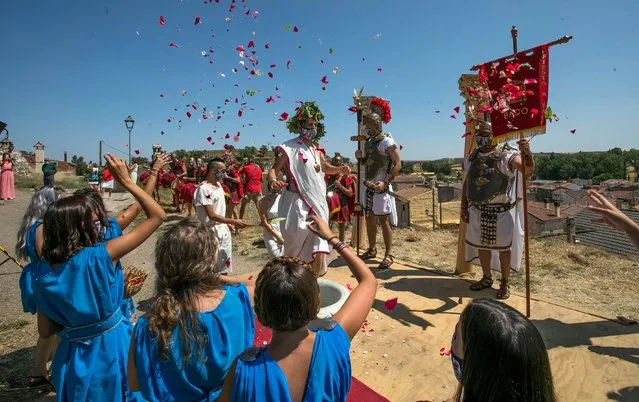 Inauguration of the Roman Festival in Honor of the God Bacchus, on 22 August, 2021 in Baños de Valdearados, Burgos, Castilla y Leon, Spain. The cultural association 'Dios Baco' resumes this summer the XXI edition of the Roman Festival in Honor of the God Bacchus after being suspended last year. However, due to the health situation, this time the festival has a much more testimonial character. This celebration seeks to demand the continuation of excavations at the Roman site of the villa of Santa Cruz, discovered in 1972. (Photo By Tomas Alonso/Europa Press via Getty Images)