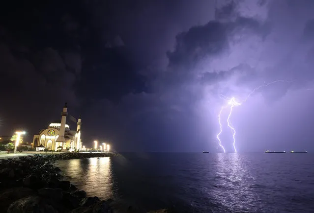 Lightnings brighten the sky over Gulf of Iskenderun at Iskenderun district in Hatay, Turkey on October 01, 2021. (Photo by Burak Milli/Anadolu Agency via Getty Images)