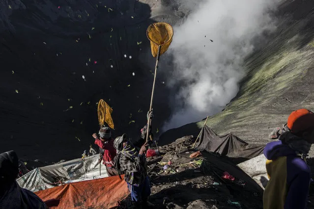 Villagers use nets to catch offerings thrown by Hindu worshippers during the Yadnya Kasada Festival at crater of Mount Bromo on August 12, 2014 in Probolinggo, East Java, Indonesia. (Photo by Ulet Ifansasti/Getty Images)