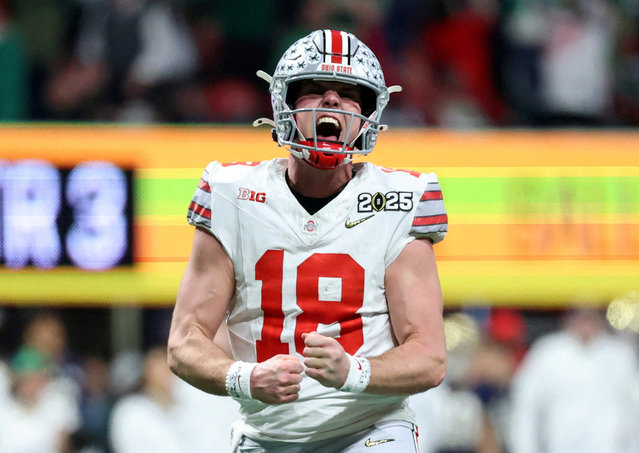 Ohio State Buckeyes quarterback Will Howard (18) reacts after a play against the Notre Dame Fighting Irish during the second half their CFP championship college game in Atlanta on January 21, 2025. (Photo by Mark J. Rebilas-/Reuters)