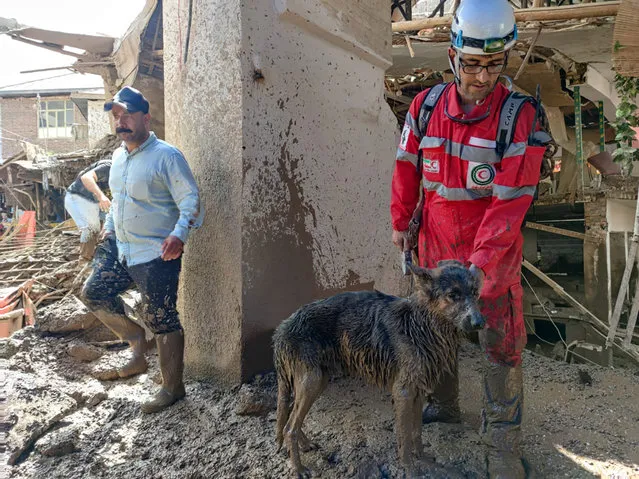 In this photo provided by the Iranian Red Crescent Society, a member of a rescue team stands with his dog at the scene of a flash flood in the northwestern part of Tehran, Iran, Thursday, July 28, 2022. (Photo by Iranian Red Crescent Society via AP Photo)