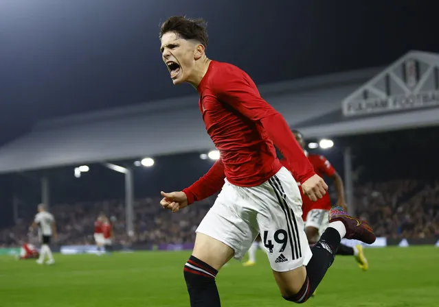 Alejandro Garnacho of Manchester United celebrates scoring his side's second goal during the Premier League match between Fulham FC and Manchester United at Craven Cottage on November 13, 2022 in London, United Kingdom. (Photo by Andrew Boyers/Action Images via Reuters)