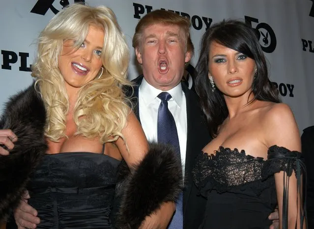 Donald Trump is flanked by Victoria Silvstedt, 1997 Playmate of the Year, and his girlfriend, Melania Knauss, at Playboy magazine's 50th anniversary celebration at the Lexington Ave. (Photo by Richard Corkery/NY Daily News Archive via Getty Images)