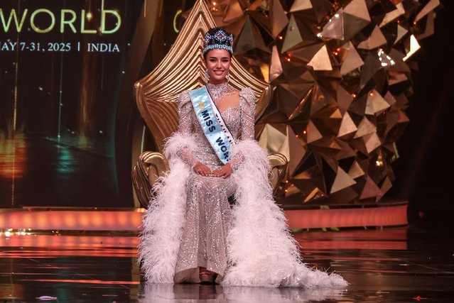 Opal Suchata from Thailand sits onstage after winning the 72nd Miss World grand finale held at the HITEX Exhibition Centre, in Hyderabad, India, 31 May 2025. (Photo by Divyakant Solanki/EPA/EFE)