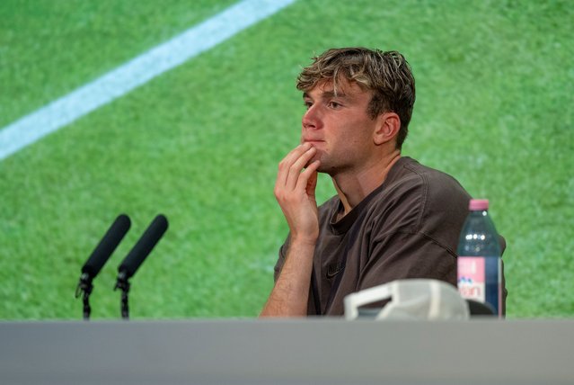 A dejected Jack Draper of Great Britain speaks to the media, following his defeat against Marin Cilic of Croatia during the Gentlemen's Singles second round match on day four of The Championships Wimbledon 2025 at All England Lawn Tennis and Croquet Club on July 03, 2025 in London, England. (Photo by Benjamin Gilbert – Pool/Getty Images)