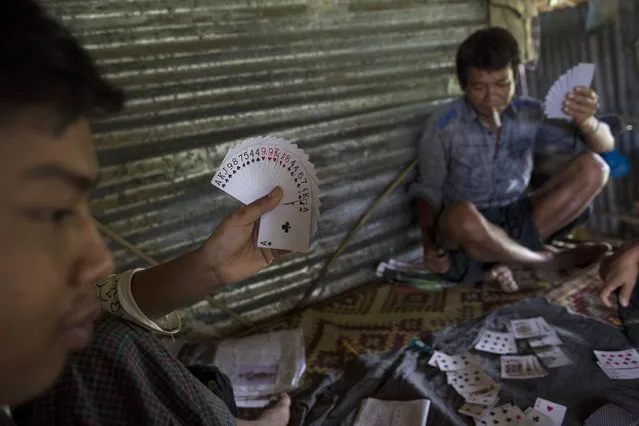 Men play cards after working to extract crude oil by hand at Yaynan Taung (Oil Mountain) in Kyaukpyu township, Rakhine state, Myanmar October 6, 2015. (Photo by Soe Zeya Tun/Reuters)