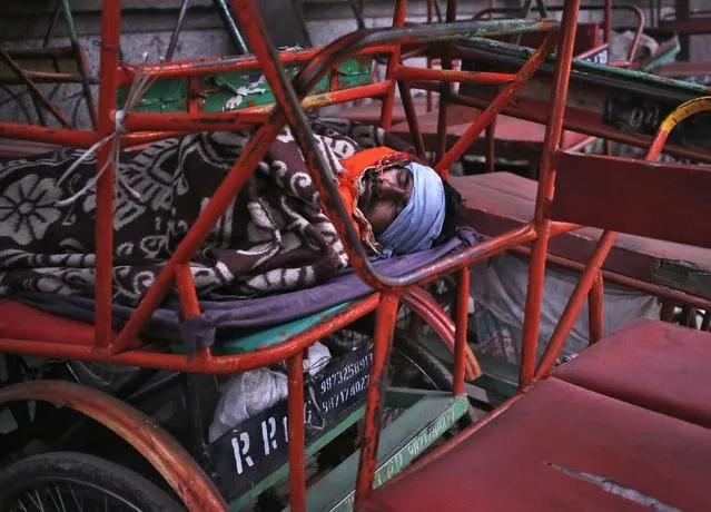 A man takes a nap on a parked cycle rickshaw along the roadside during early morning in the old quarters old Delhi December 18, 2014. (Photo by Anindito Mukherjee/Reuters)