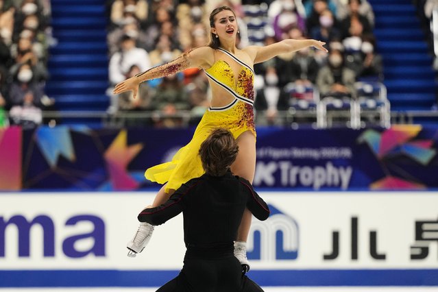 Katarina Wolfkostin and Dimitry Tsarevski, of the U.S., perform during the ice dance free dance program in the ISU Grand Prix of Figure Skating – NHK Trophy in Kadoma, east of Osaka, western Japan, Saturday, November 8, 2025. (Photo by Hiro Komae/AP Photo)