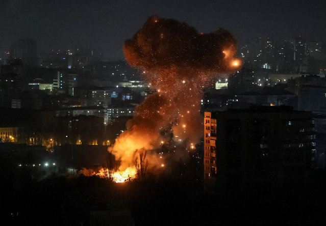 A drone explodes during a Russian missile and drone strike, amid Russia's attack on Ukraine, in Kyiv, Ukraine on November 14, 2025. (Photo by Gleb Garanich/Reuters)