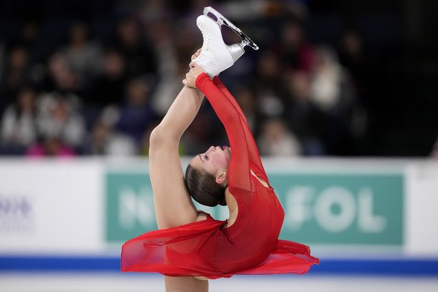 Nina Pinzarrone of Belgium competes during the women's free skate program at the Skate America figure skating event in Allen, Texas, Saturday, October 19, 2024. (Phoot by Tony Gutierrez/AP Photo)