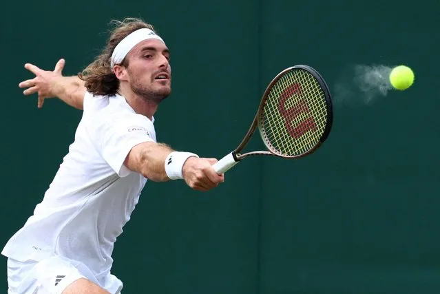 Stefanos Tsitsipas of Greece in action against Christopher Eubanks of the United States in the Gentlemen's Singles fourth-round match on Court Two during the Wimbledon Lawn Tennis Championships at the All England Lawn Tennis and Croquet Club at Wimbledon on July 10, 2023, in London, England. (Photo by Toby Melville/Reuters)