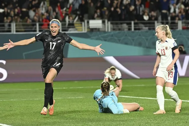 New Zealand's Hannah Wilkinson celebrates after scoring the opening goal during the Women's World Cup soccer match between New Zealand and Norway in Auckland, New Zealand, Thursday, July 20, 2023. (Photo by Andrew Cornaga/AP Photo)