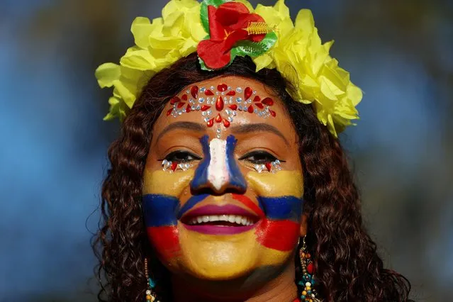 A Colombia fan inside the stadium before their match against Morocco in the Women's World Cup in Perth, Australia on August 3, 2023. (Photo by Luisa Gonzalez/Reuters)