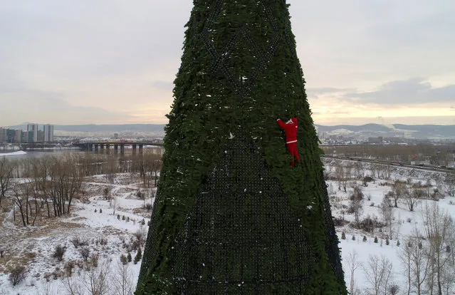 An aerial view shows a climber, dressed as Santa Claus, who decorates a 57-metre-high Christmas tree in a park on Tatyshev Island, located in the middle of the Yenisei River in the Siberian city of Krasnoyarsk, Russia December 17, 2018. (Photo by Ilya Naymushin/Reuters)