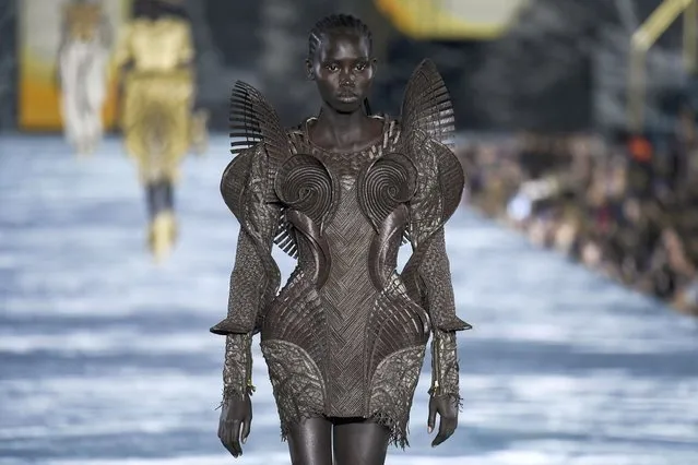 A model presents a creation for the Balmain Spring-Summer 2023 fashion show during the Paris Womenswear Fashion Week, in Paris, on September 28, 2022. (Photo by Julien de Rosa/AFP Photo)