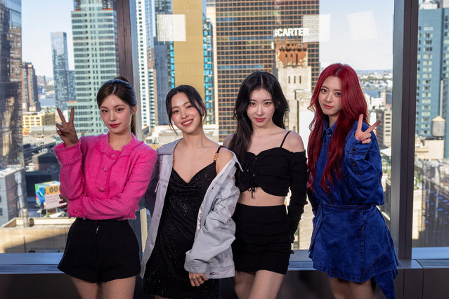 Members of the South Korean girl group ITZY pose in front of the Manhattan skyline during an interview with Reuters in New York, U.S., April 22, 2024. (Photo by Andrew Kelly/Reuters)