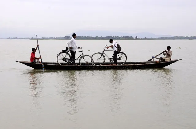 School children with their cycles travel in a boat through a flooded paddy field after heavy rains in Balimukh village in Morigaon district of Assam, June 11, 2015. (Photo by Reuters/Stringer)