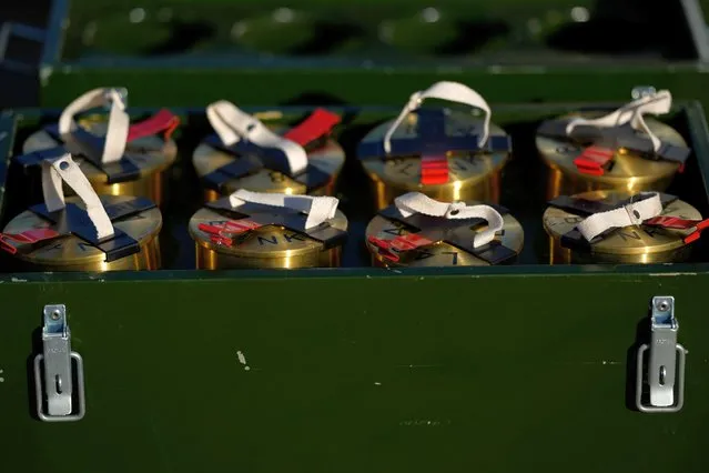 A view of shell cases used to fire a 62 gun salute at the Tower of London to mark the official start of the Platinum Jubilee, in London, Monday, February 7, 2022. (Photo by Alastair Grant/AP Photo)