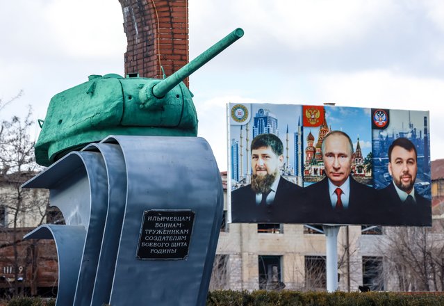 A tank monument to the Ilyich workers, contributors to the defence of their country, stands on the premises of Ilyich Iron and Steel Works in Mariupol, Donetsk People's Republic on February 16, 2023. (Photo by Vladimir Gerdo/TASS)