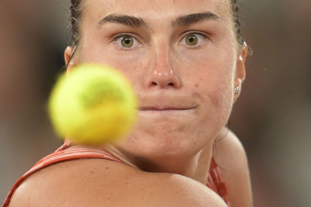 Belarus' Aryna Sabalenka eyes the ball as she plays against Spain's Paula Badosa during their women's singles match on Court Philippe-Chatrier on day seven of the French Open tennis tournament at the Roland Garros Complex in Paris on June 1, 2024. (Photo by Bertrand Guay/AFP Photo)