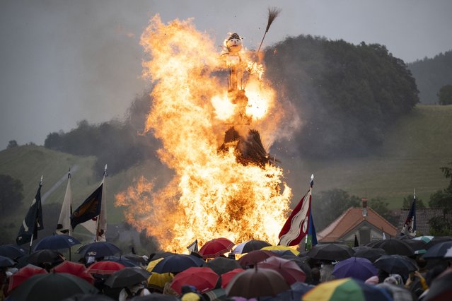 A Boeoegg figure burns in Heiden, Switzerland, 22 June 2024. The Sechselaeuten (ringing of the six o'clock bells) is a traditional end of winter festival with the burning of the Boeoegg, a symbolic snowman, at 6 pm. The faster the Boeoegg explodes, the hotter the summer will be, according to traditional weather rules. Due to strong winds, the burning planned for April had to be rescheduled. It was decided to burn it in Appenzell Ausserrhoden, the guest canton of this years Sechselaeuten. (Photo by Gian Ehrenzeller/EPA/EFE)