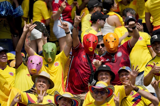 Colombia fans cheer from the stands prior to a qualifying soccer match for the FIFA World Cup 2026 against Argentina at the Metropolitano Roberto Melendez stadium in Barranquilla, Colombia, Tuesday, September 10, 2024. (Photo by Fernando Vergara/AP Photo)