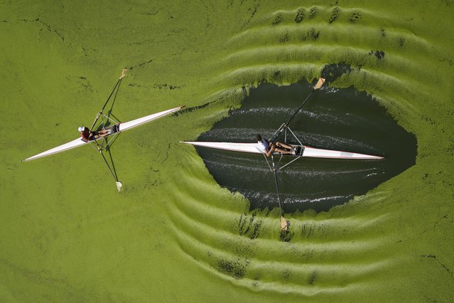 Boys row on the Sava river in Belgrade, Serbia, Sunday, September 1, 2024. (Photo by Darko Vojinovic/AP Photo)