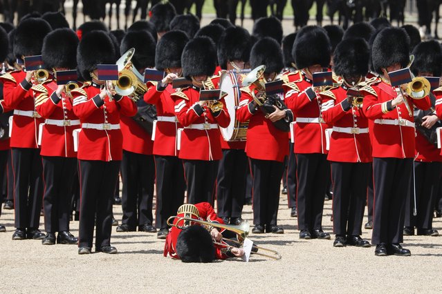 A member of The Band of the Welsh Guards faints as Prince William, Prince of Wales Carries Out The Colonel's Review at Horse Guards Parade on June 10, 2023 in London, England. The Prince of Wales carried out the review of the Welsh Guards for the first time as Colonel of the Regiment. It is the final evaluation of the King's Birthday parade ahead of the event on June 17.  (Photo by Tristan Fewings/Getty Images)