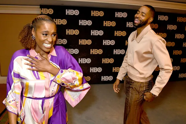 (L-R) Issa Rae and Jay Ellis of “Insecure” pose in the green room during the 2020 Winter Television Critics Association Press Tour at The Langham Huntington, Pasadena on January 15, 2020 in Pasadena, California. (Photo by Jeff Kravitz/Getty Images for WarnerMedia)