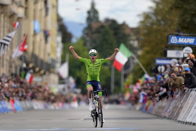 Slovenia's Tadej Pogacar crosses the finish line to win the Men Elite road race of the Cycling and Para-cycling Road World Championships in Zurich, Switzerland, Sunday, September 29, 2024. (Photo by Peter Dejong/AP Photo)