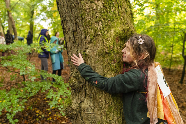 Speed hugging was among the categories at Glasgow’s first tree hugging tournament, in Dams to Darnley Country on October 6, 2024. Competitors had to hug as many trees as possible in one minute. (Photo by Euan Cherry for The Times)