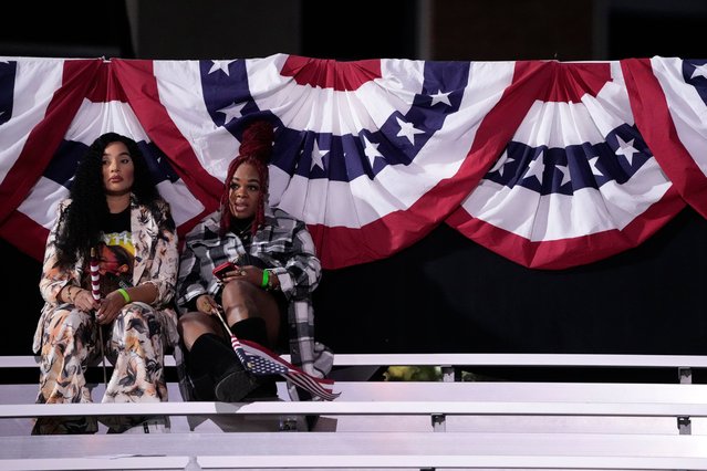 Supporters sit in the bleachers as people leave an election night campaign watch party for Democratic presidential nominee Vice President Kamala Harris after it was announced that she would not speak on Wednesday, November 6, 2024, on the campus of Howard University in Washington. (Photo by Mark Schiefelbein/AP Photo)