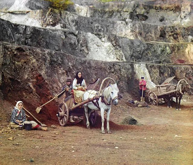 Photos by Sergey Prokudin-Gorsky. Work at the Bakalskii mine. (Tiazhelyi iron mine. Irkuskan mountain near Bakal). Russia, Ufa Province, Zlatoust uyezd (district), Irkuskan mountain, 1910