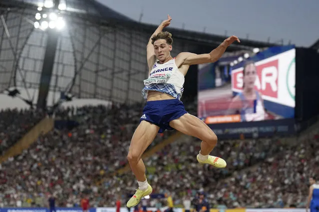 Jules Pommery, of France, makes an attempt in the Men's long jump final during the athletics competition in the Olympic Stadium at the European Championships in Munich, Germany, Tuesday, August 16, 2022. (Photo by Matthias Schrader/AP Photo)