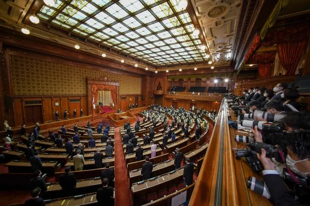 This general view shows the opening ceremony of an extraordinary session of the Diet, the country's parliament, at the National Diet building in Tokyo on August 3, 2022. The session, which will last just three days, is the first following the July 10 upper house election. (Photo by Kazuhiro Nogi/AFP Photo)