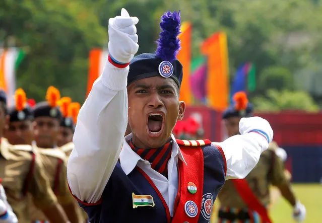 A cadet from the National Cadet Corps (NCC) shouts commands at a parade during India's Independence Day celebrations in Agartala, India, August 15, 2016. (Photo by Jayanta Dey/Reuters)