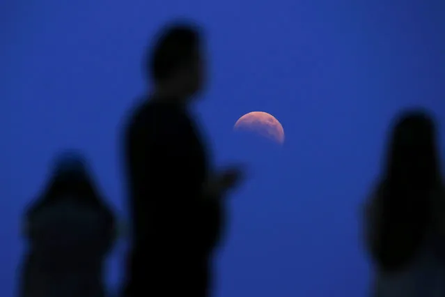 The beginning of a total lunar eclipse is seen from the Qizhong Tennis Court in Shanghai October 8, 2014. The eclipse is also known as a “blood moon” due to the coppery, reddish color the moon takes as it passes into Earth's shadow. (Photo by Aly Song/Reuters)