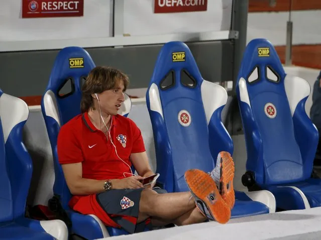 Croatia's Luka Modric sits on the substitutes' bench before their Euro 2016 Group H qualification soccer match against Malta at the National Stadium in Ta' Qali, outside Valletta, Malta, October 13, 2015. (Photo by Darrin Zammit Lupi/Reuters)