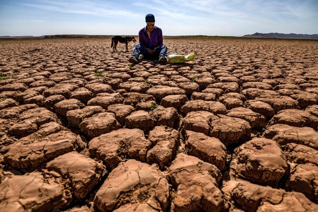 A shepherd checks his mobile phones sitting on cracked earth at al-Massira dam in Ouled Essi Masseoud village, some 140 kilometres (85 miles) south of Casablanca, Morocco on March 6, 2024. (Photo by Fadel Senna/AFP Photo)