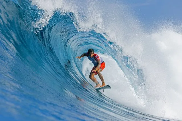 Ezekiel Lau of Hawaii surfs in Heat 4 of the Opening Round at the Billabong Pro Pipeline on February 1, 2023 at Oahu, Hawaii. (Photo by Brent Bielmann/World Surf League via Getty Images)