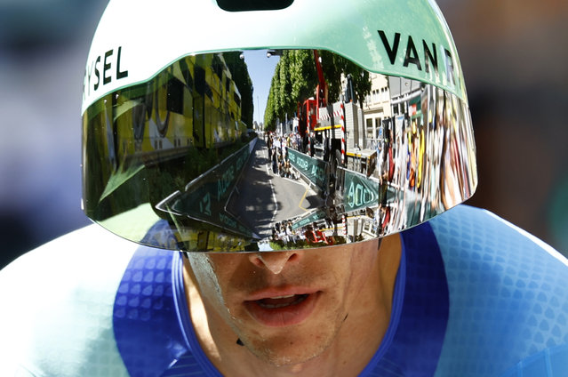 Belgian rider Oliver Naesen of Decathlon AG2R La Mondiale Team crosses the finish line of the 5th stage of the Tour de France cycling race, an Individual Time Trial over 33km in Caen, France, 09 July 2025. (Photo by Martin Divíšek/EPA)