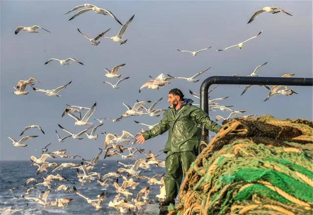 Seagulls swarm around the fisherman of “Rifat Reis 3” boat, led by Captain Volkan Canbaz, working on the open seas in Izmir, Turkiye on March 29, 2023. Seasonal workers meet sahur (pre-dawn) meal and iftar (fast-breaking) dinner during the holy month of Ramadan on their boats. The fishermen sailed on Sep.01 and plan to end the fishing season on Apr.15 while boats of seasonal workers, who working during the night and taking a rest during the day, become their home. (Photo by Halil Fidan/Anadolu Agency via Getty Images)