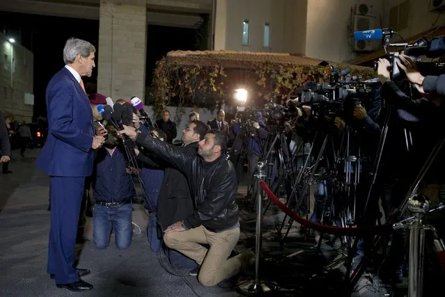 U.S. Secretary of State John Kerry makes impromptu remarks to members of the media after meeting with Palestinian President Mahmoud Abbas in the West Bank city of Ramallah, November 24, 2015. (Photo by Jacquelyn Martin/Reuters)