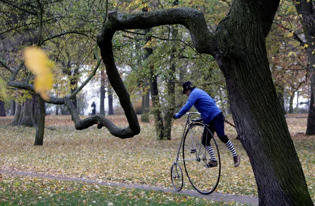 A man wearing a historical costume gets on his high-wheel bicycle before the annual penny farthing race in Prague, Czech Republic November 5, 2016. (Photo by David W. Cerny/Reuters)