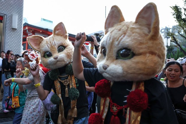 Participants walk through the street during Bakeneko Parade (Cat Halloween Parade) as part of Kagurazaka Bakeneko Festival on October 13, 2024 in Tokyo, Japan. The annual festival in Kagurazaka invites participants to embrace their feline side by dressing up as cats and showcasing their playful spirit. This unique Halloween-themed event offers a festive atmosphere with activities such as cat makeup, kimono rentals, making it a delightful experience for all ages. (Photo by Takashi Aoyama/Getty Images)