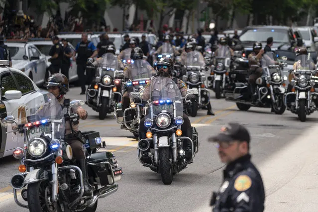 The Trump motorcade leaves the Federal Courthouse in Miami, FL on June 13, 2023. Former President Trump made his initial court appearance at the courthouse later this afternoon. (Photo by Josh Ritchie for The Washington Post)