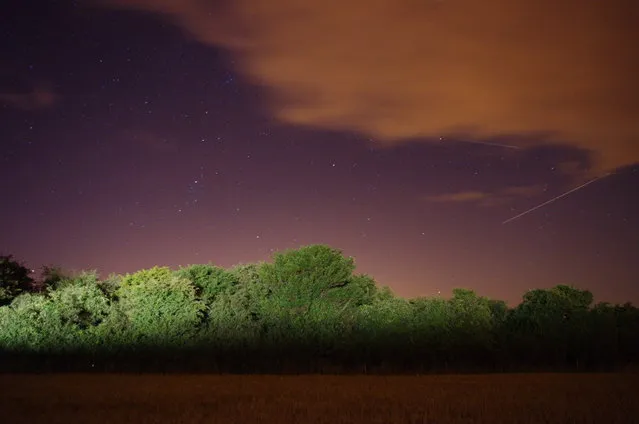 This photo was taken in August 2010 near Petersfield, England. Photographer pedrog78 said: “Love the colours in this one – the combo of the ever present light pollution and the trees painted by a passing car give the picture a surreal edge. I think I've got one meteor and one aircraft in this shot”. (Photo by pedrog78)