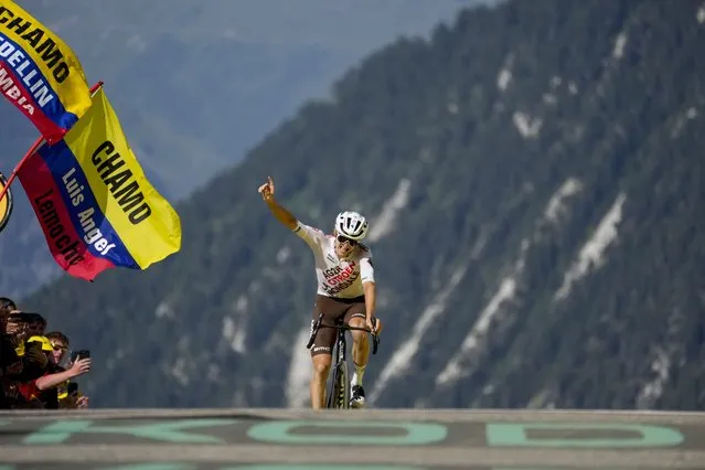 Austria's Felix Gall crosses the finish line to win the seventeenth stage of the Tour de France cycling race over 166 kilometers (103 miles) with start in Saint-Gervais Mont-Blanc and finish in Courchevel, France, Wednesday, July 19, 2023. (Photo by Thibault Camus/AP Photo)
