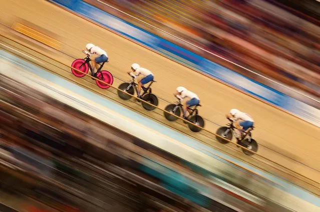 Britain's Daniel Bigham, Charlie Tanfield, Oliver Wood and Ethan Vernon in action during the men's elite team pursuit qualification at the UCI World Championships in Glasgow, Scotland on August 3, 2023. (Photo by Matthew Childs/Reuters)