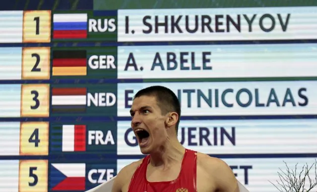 Ilya Shkurenyov of Russia celebrates winning the men's hepthatlon event during the European Indoor Championships in Prague March 8, 2015. REUTERS/David W Cerny (CZECH REPUBLIC  - Tags: SPORT ATHLETICS)  